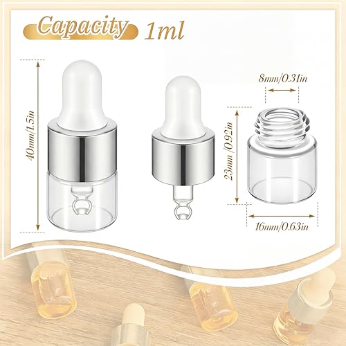 Didaey 200 Pcs 1/2/3/5/10/15 ml Mini Glass Oil Dropper Bottle Bulk, Clear Essential Small Empty Bottles Sample Containers Perfume Liquid Vials with Cap for Traveling (1 ml,Classic Silver) - color: Classic Silver, size: 1 ml