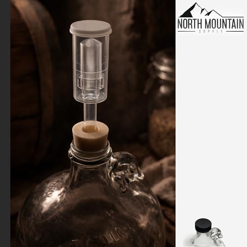 North Mountain Supply 1 Gallon Glass Fermenting Jug with Handle, 6.5 Rubber Stopper, 3-Piece Airlock, Black Plastic Lid - Set of 4