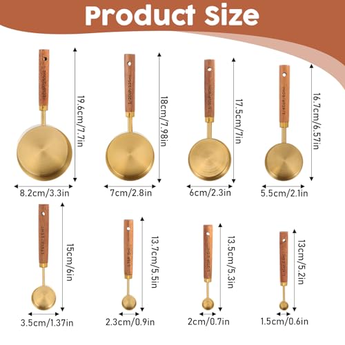 Stainless Steel Measuring Cups Set and Measuring Spoons Wooden Handle Metal Measure Cups and Spoons for Cooking and Baking, Gold, 8 Piece - color: Gold