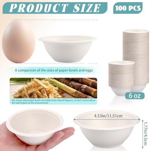 LeonBach 100 Pack 6oz Natural Bagasse Fiber Bowls, Small Disposable Paper Bowls Microwavable Safe Sample Snack Cups Charcuterie Serving Cups for Sauce Portion Condiment Ice Cream Desserts, White - color: White, style: 6oz-100 Pack