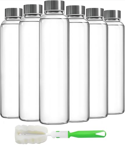 Epica Clear Glass Bottles with Lids, 18oz Resuable Glass Water Bottles for Juicing with Stainless Steel Cap to store Milk, Smoothie, etc., 100% Leak Proof, Durable and Dishwasher Safe (Set of 6)