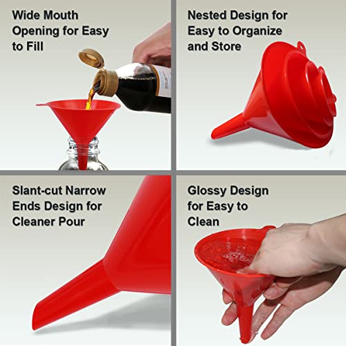 KongNai 4 Pieces Plastic Funnel Set for Kitchen and Automotive Use, Mini, Small, Medium and Large Funnel for Filling Bottles, Canning, Cooking, Lab or Car Oil Funnels (Red) - color: Red