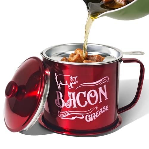 1.3L Bacon Grease Saver Container with Fine Mesh Strainer,Stainless Steel Oil Keeper Can for Bacon,46oz Large Rustic Farmhouse Fat Container, Keeper, Recipes, Dishwasher Safe (Red) - color: Red