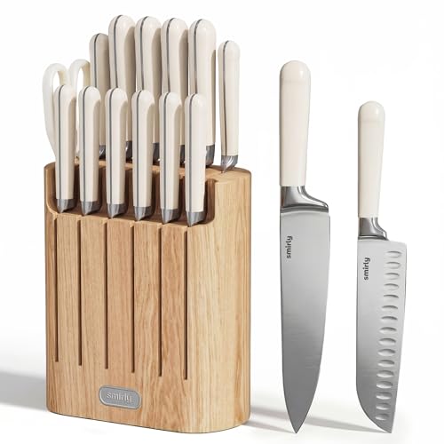SMIRLY 14-Piece Kitchen Knife Set with Magnetic Block, High Carbon Stainless Steel Chef Knives, Ultra Sharp, Dishwasher Safe, Cream White - color: Cream White