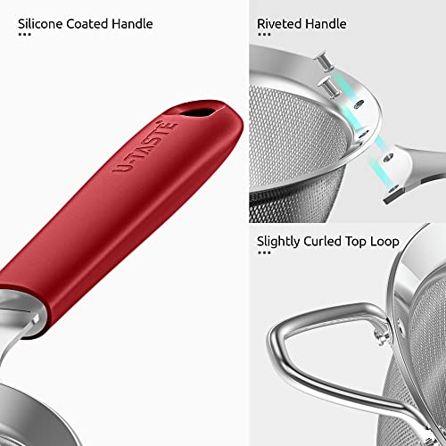 18/8 Stainless Steel Mesh Strainer: U-Taste 5.5 Inch Kitchen Fine Mesh Sieve Food Colander with Riveted Sturdy Silicone Handle and 30 Mesh Hole for Straining Flour, Pasta, Fruit, Quinoa (Red) - color: (4) Red, size: Medium (5.5 x 13 in)