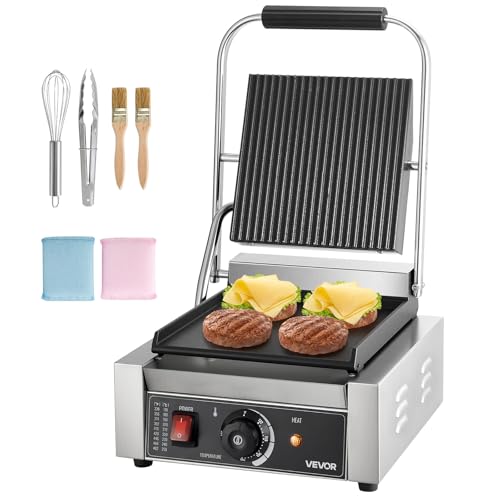 VEVOR Commercial Panini Grill, 1800W Electric Sandwich Panini Maker, Stainless Steel Sandwichs Press Grill with Handle and Temp Control, 8.8x9 in Flat Enamel Plate, for Hamburger Steak Bacon