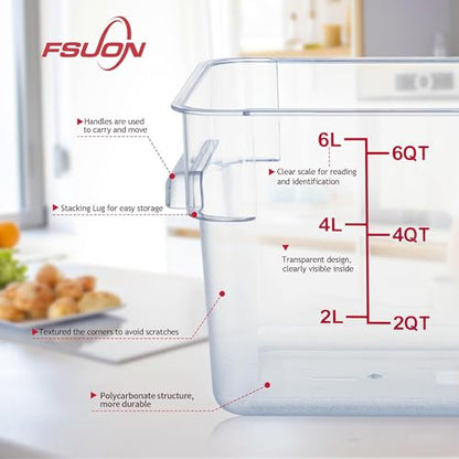 4 Pack 6 Qt Square Polycarbonate Food Storage Containers with Lids | Clear BPA-free PC with lids, side handles, measurement scale and stackable design; for food prep, storage and freezer use. - color: 6Qt