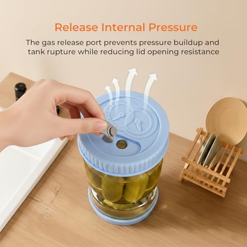 Pickle Jar with Strainer Flip, Pickle Container with Strainer with Two Forks, Airtight Glass Pickle Jar for Fermentation, Olive Jar with Date Tracker Lid, Jalapeno Container with Gas Port (Blue) - color: Blue