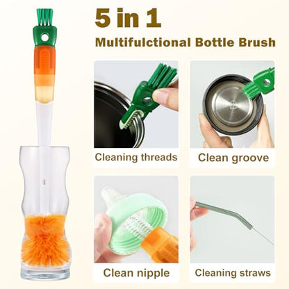 XYFuuee 5 Pack Dish Bottle Brush Set with 5-in-1 Cup Cleaning Brush, Dish Scrub Long Handle Brush with Scraper Tip, 3 Straw Cleaner Brushes, Washing Kitchen Sink Pot Pan Water Bottle Stove - color: Orange