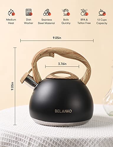 BELANKO 2.7 Quart Tea Kettle for Stovetops - Food Grade Stainless Steel Teapot with Loud Whistle, Cool-Touch Wood Pattern Handle, Rust-Resistant Whistling Kettle - Matte Black - color: Matte Black