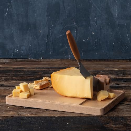 BOSKA Cheese Cutter Lumberjack Amigo - Serving Board with Cheese Knife - Beechwood and Stainless Steel - for Cheese and Sausage - Safe Cutting - with Crumb Catcher - 9 Inches