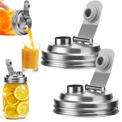 Palksky Mason Jar Pour Spout Lid Stainless Steel, Wide Mouth Pour Spout Flip Cap Lids for Mason Jars, anticracking Leak Proof Seal Cover Airtight for Drinking Salad Dressing & Food Storing(2PCS) - style: Wide Mouth Stainless Steel Lid 2 PCS