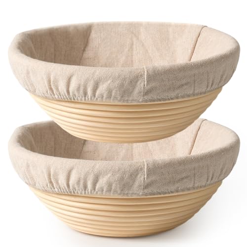 BAVIFY Sourdough Starter Kit, Banneton Bread Proofing Baskets Set | 2-Pack 9 in Round Banneton Basket, Indonesian Natural Rattan, Bread Proofing Bowl for Dough Rising, Fits up to 2.2 lb Dough