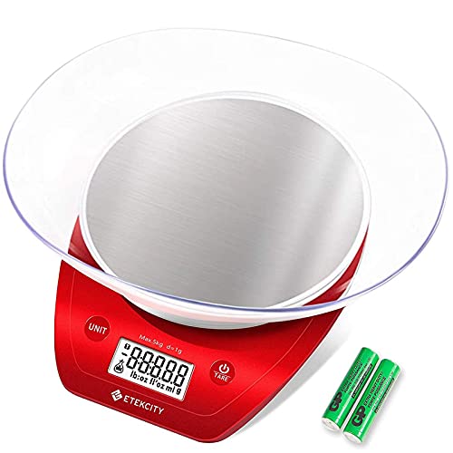 Etekcity 0.1g Food Kitchen Scale, Bowl, Digital Grams and Ounces for Weight Loss, Dieting, Baking, Cooking, and Meal Prep, 11lb/5kg, Stainless Steel Red - color: Chili Red, size: 11lb