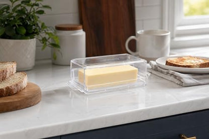 Pikanty Airtight Butter Dish with Hinged Lid - Large Plastic Butter Container for Countertop or Fridge, Fits East & West Coast Sticks, Dishwasher Safe, Made in USA - style: Butter Dish