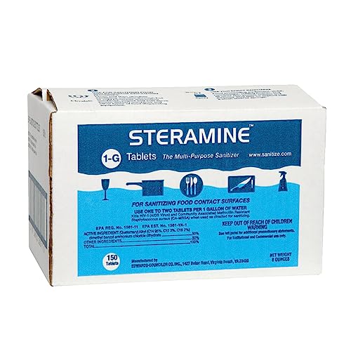 6 x Steramine Quaternary Sanitizing Tablets, Sanitizing Food Contact Surfaces, Kills E-Coli; HIV; Listeria, Model 1-G, 150 Sanitizer Tablets per Bottle, Blue, Pack of 6 Bottles