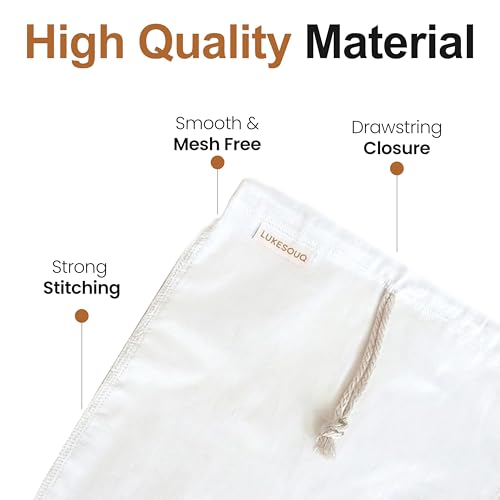 Organic Cotton Nut Milk Bags 3 Pack (10x12, 12x12, 13x13) Reusable Food Grade Fine Mesh Strainer for Almond Milk, Oat Milk, Cold Brew Coffee, Yogurt, Juice, Tea, Cheesecloth, Unbleached Cotton