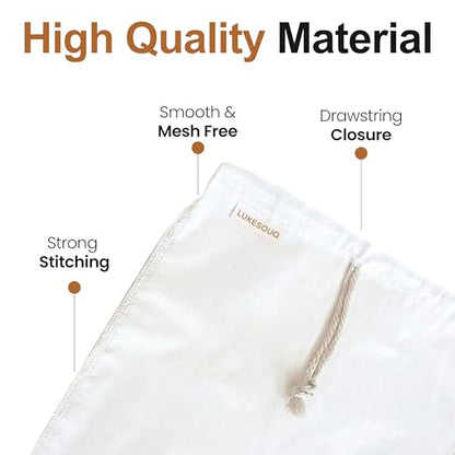 Organic Cotton Nut Milk Bags 3 Pack (10x12, 12x12, 13x13) Reusable Food Grade Fine Mesh Strainer for Almond Milk, Oat Milk, Cold Brew Coffee, Yogurt, Juice, Tea, Cheesecloth, Unbleached Cotton