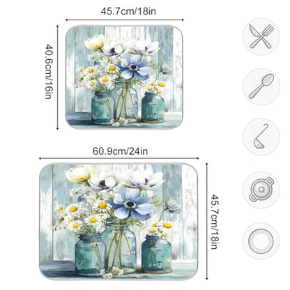 Rustic Daisy Flower Mason Jars Dish Drying Mat 16 x 18 Inch Kitchen Counter Mat Absorbent Dishes Rack Pad for Countertops Sinks Draining Mats - size: 18" x 16"