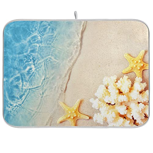 Absorbent Dish Drying Mat for Kitchen Counter - Starfish Coral Summer Microfiber Drying Pad, Reversible Drainer Mats for Countertop, Small 16" x 18" - color: Starfish Coral Summer, size: 16x18(in)x1