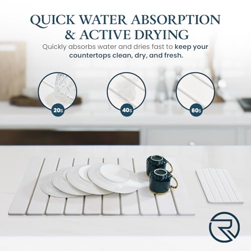 Stone Drying Mat for Kitchen Counter 24"×16"with Water Absorbent Diatomite Coasters 8" x 4", Foldable Quick Dry Mats for kitchen Dishes, Non Slip Quick Drying Diatomaceous Earth For Any Countertop