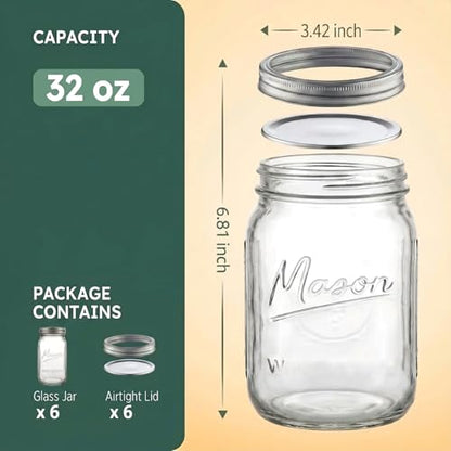 6 Pack 32 oz Mason Jars, Wide Mouth Glass Jars with Airtight Lids for Food Storage, Pickling, Canning, Fermenting - Leakproof - color: 6 Pack - Metal