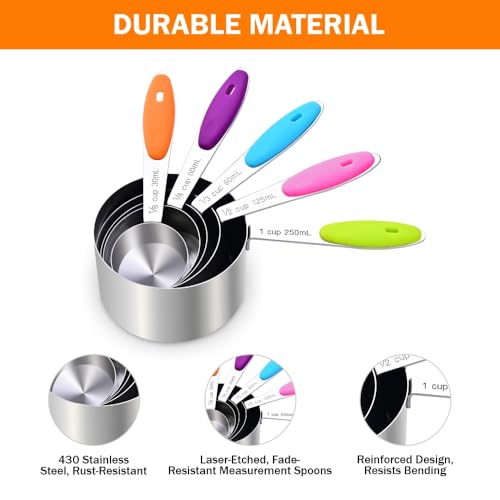 13-Piece Magnetic Measuring Spoons and Cups Set, Stainless Steel Kitchen Measure Tools with Silicone Handles, Nesting Dry and Liquid Measuring Cups for Baking Cooking (Multicolor) - color: Multicolor