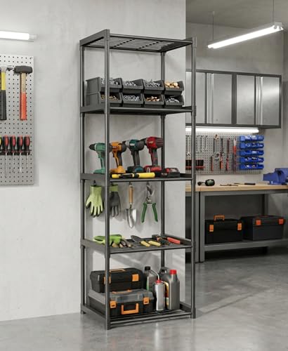 5-Tier Storage Shelves with Plastic Connectors – Metal Shelf Organizer for Pantry, Closet & Bathroom, Space-Saving Sturdy Shelving Unit Rack, Black, 17.3" x 12.8" x 56.7" - size: 17.3" x 12.8" x 56.7"(5T)
