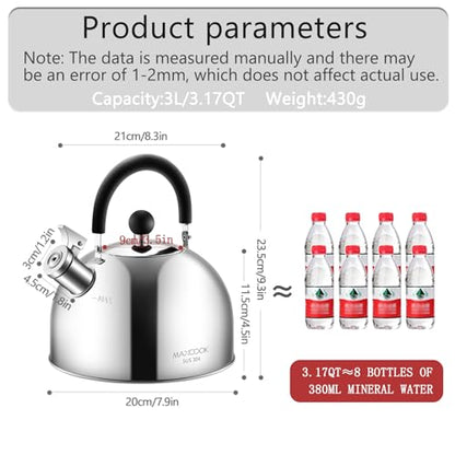304 Stainless Steel Whistling Tea Kettle 3.17 Quart/3L Tea Pot, Suitable to Boiling Water & Tea on Induction Stove, Gas Stove Top - color: Silver, size: 3.4 Quarts