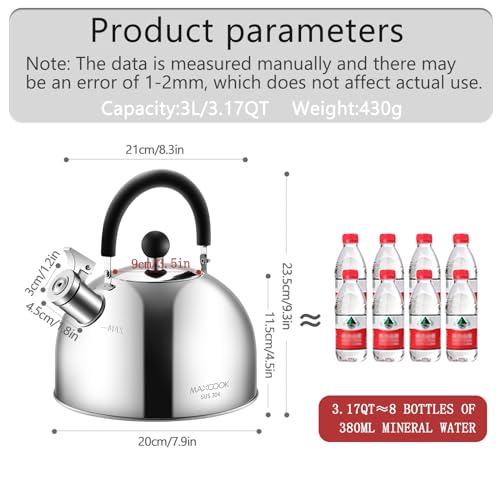 304 Stainless Steel Whistling Tea Kettle 3.17 Quart/3L Tea Pot, Suitable to Boiling Water & Tea on Induction Stove, Gas Stove Top - color: Silver, size: 3.4 Quarts