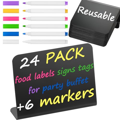 Herda 24 PCS Food Labels for Party Buffet 4"x3" Mini Chalkboard Signs for Birthday Bakery Place Cards Name Cards Food Tags for Wedding Table Signs Chalkboard Labels Includes 6 Wet Erase Markers - size: 24PCS-L