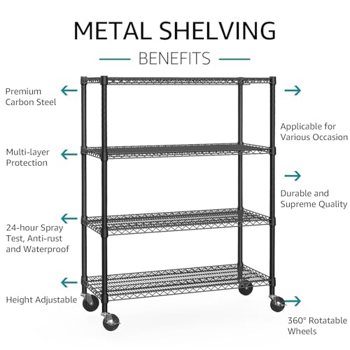 IZEUK Garage Shelving Wide Storage Shelves 4 Tier Metal Shelves 3200 LBS Heavy Duty Adjustable Utility Shelf Rack Black 23.6" D x 53.1" W x 73.6" H - color: Black, size: 4 Tier, 23.6" D x 53.1" W x 73.6" H