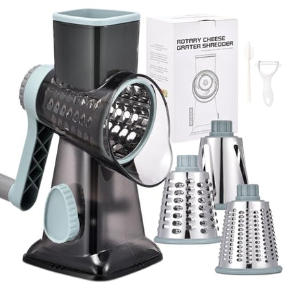 Rotary Cheese Grater with Handle Kitchen Shredder Slicer Grater Slicer Ice Shaver Cheese Vegetable Nuts Potato Zucchini Chocolate 3 Interchangeable Blades (GreyBlue - color: GreyBlue