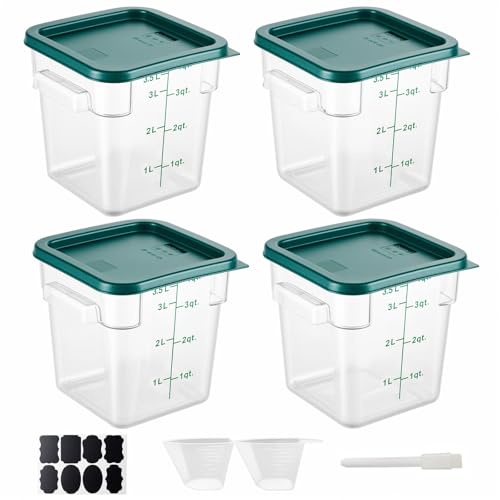 4 Pack 4QT Food Storage Containers with Green Lids, Clear Square Restaurant Commercial Food Storage Containers with Handle and Scale, Marinating Container Dough Rising Bucket for Home & Dining - color: Green, size: 4QT