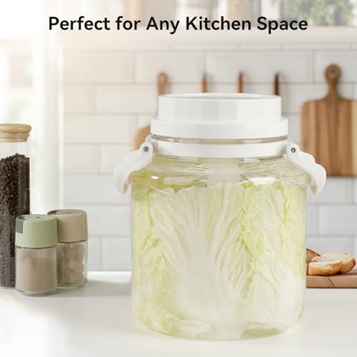 1.3 Gallon Plastic Fermentation Jars - Kimchi Fermenting Container with Auto Weight Press Plate & One Way Exhaust Valve, Wide Mouth Sauerkraut Fermenter Making Set for Pickling Canning Sauce