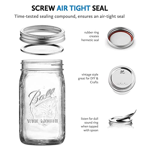 Ball Wide Mouth Glass Mason Jars with Lids and Bands, Used for Canning, Pickling, Juice, Jam, Jelly, Quart Size 32 Ounce (Pack of 6) - color: Quart, size: 32 Ounce (Pack of 6)