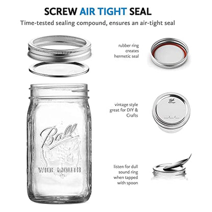 Ball Wide Mouth Glass Mason Jars with Lids and Bands, Used for Canning, Pickling, Juice, Jam, Jelly, Quart Size 32 Ounce (Pack of 6) - color: Quart, size: 32 Ounce (Pack of 6)