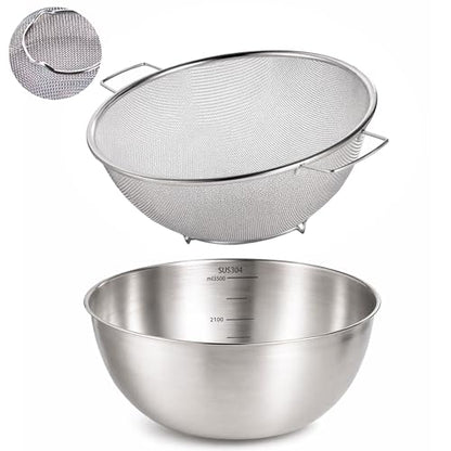 304 Stainless Steel Rice Washing Bowl and 40 Mesh Strainer Set, 3.5QT | 40-mesh strainer helps prevent grain loss while measurement marks and sturdy handles make rinsing and draining easier. - color: true