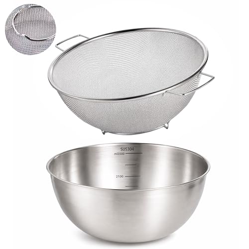 304 Stainless Steel Rice Washing Bowl and 40 Mesh Strainer Set, 3.5QT | 40-mesh strainer helps prevent grain loss while measurement marks and sturdy handles make rinsing and draining easier. - color: true