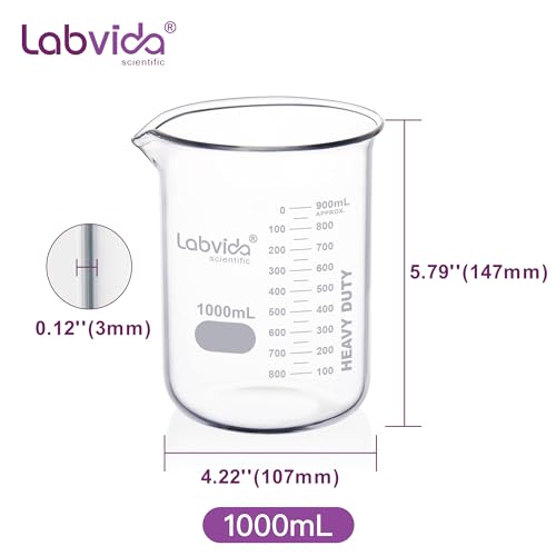 2pcs 1000ml Upgrated Thick Glass Beakers, Griffin Low Form Beaker Set with Double Scale, 3.3 Boro, LVA014 - style: 2pcs of Vol.1000ml