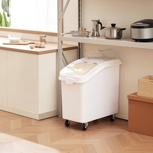 VEVOR 90.2L(27갤런) 식품 보관 용기, 500컵 재료 통, 스쿱 및 슬라이딩 뚜껑 포함, 상업용 식품 용기, 쌀 보관, 개 사료 용기, 밀가루 및 설탕 용기에 이상적, 화이트 - size: 27 Gallon