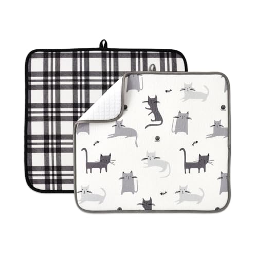 FRESHMINT Printed Dish Drying Mat Set for Kitchen Counter Absorbent Reversible Drying Mats Microfiber Kitchen Countertop Protector Dishes Pad 2 Pack Large Dish Drainer Rack Mat, 18" x 16" - color: Black & White Cats, size: 16''X18''