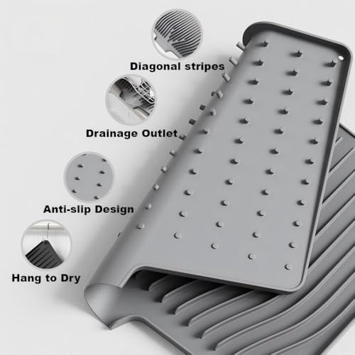 Silicone Dish Drying Mat with Raised Drainage Edges,Non-Slip and Heat-Resistant,Includes Hanging Hole,Kitchen Countertop Drying Mat,Easy to Clean(18.9" x 13.58", Grey)