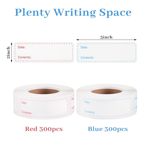 Thboxes 2 Rolls 600 Pieces Removable Freezer Labels, 1 x 3 Inch Food Labels Stickers for Refrigerator and Freezer Food Labeling, Dating Containers, Bags and Jars - color: 600 Pcs Red & Blue