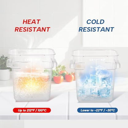 4 Pack 4QT Square Food Storage Containers with Lids | Clear NSF polycarbonate containers with scale, label and measuring cup, stackable for prep, storage, freezer. Dishwasher safe - color: 4Qt