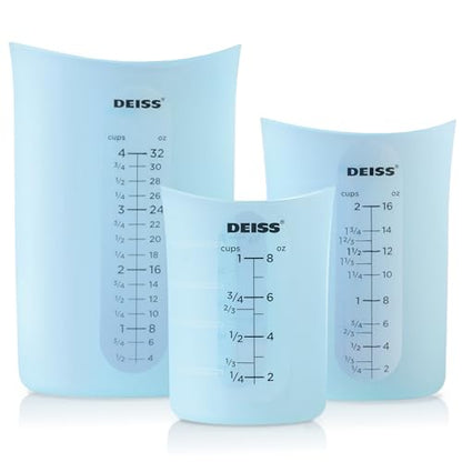 Deiss PRO 3 Piece Silicone Measuring Cup Set - Versatile & Durable, Easy-Pour Spout, Non-Stick for Easy Clean, Heat-Resistant - Squeeze & Pour Liquid Measuring Cups - Ideal for Baking, Cooking, Resin