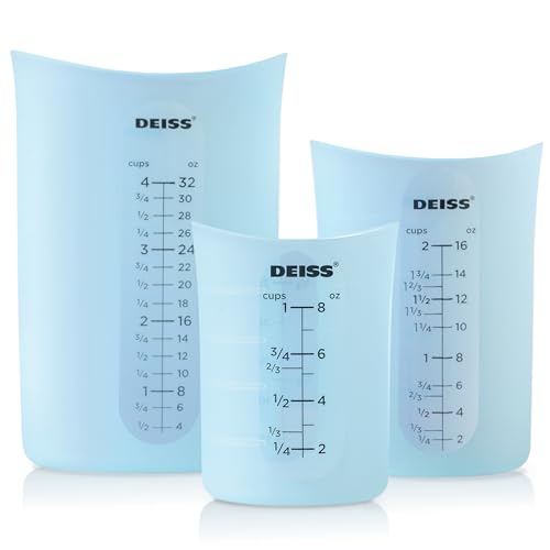 Deiss PRO 3 Piece Silicone Measuring Cup Set - Versatile & Durable, Easy-Pour Spout, Non-Stick for Easy Clean, Heat-Resistant - Squeeze & Pour Liquid Measuring Cups - Ideal for Baking, Cooking, Resin