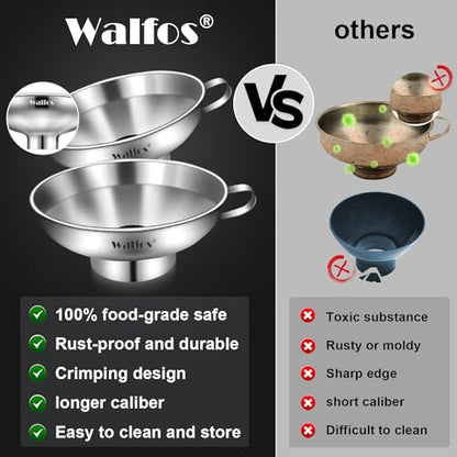 Walfos 2 Pack (4in & 5.5in) Stainless Steel Wide-Mouth Funnel with Handle for Wide and Regular Mason Jars Canning Jars, Wide-Mouth Funnels for Kitchen Use,Transferring Liquid and Dry Ingredients - color: 2pc funnel 5.5+4 inch