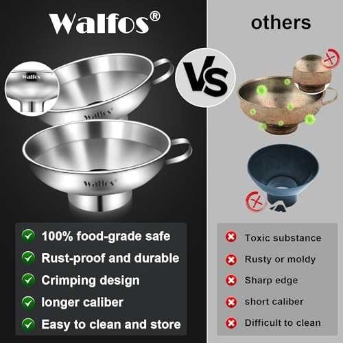 Walfos 2 Pack (4in & 5.5in) Stainless Steel Wide-Mouth Funnel with Handle for Wide and Regular Mason Jars Canning Jars, Wide-Mouth Funnels for Kitchen Use,Transferring Liquid and Dry Ingredients - color: 2pc funnel 5.5+4 inch