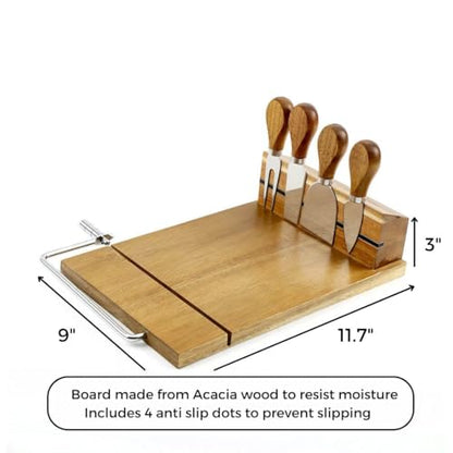 Cheese Slicer (11.7” x 9” x 3”) - Acacia Wood Board Cheese Cutter with Wire - 4 Magnetic Cheese Knife Set w/ Anti-Slip Board - Stainless Steel Cheese Slicers for Block Cheese w/ Replacement Wire